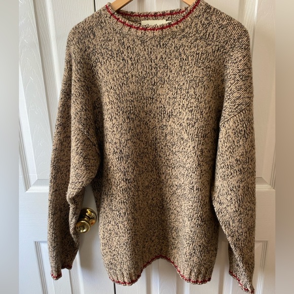 Eddie Bauer Other - Eddie Bauer Tan and Black Marled Red Trimmed 100% Wool Crew Neck SZ M